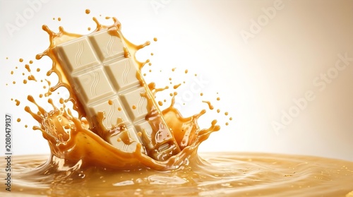 White Chocolate Bar Splashing Into Creamy Caramel Sauce for Food Advertising and Culinary Dessert Promotion on Light Background