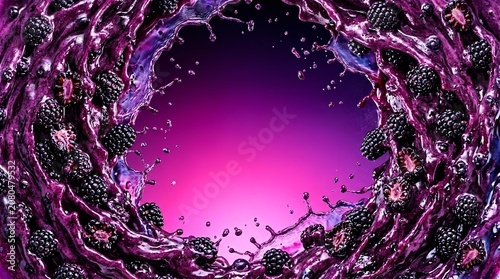 Fresh Blackberries and Purple Berry Juice Splash Swirling in a Dynamic Vortex for Food and Beverage Advertising Background Design