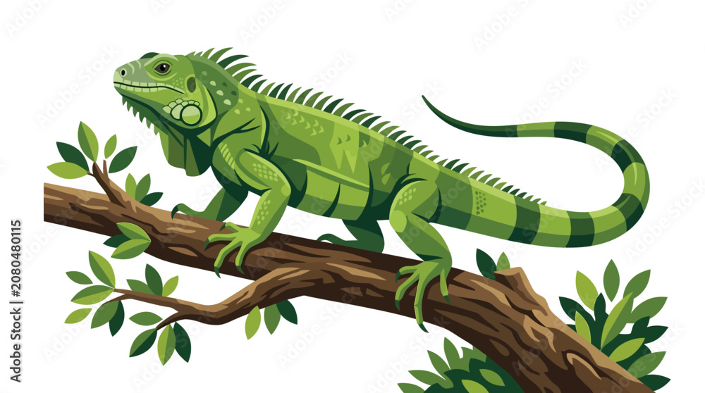 Fototapeta premium Green iguana lizard perched on a tree branch with leaves vector illustration isolated on white background