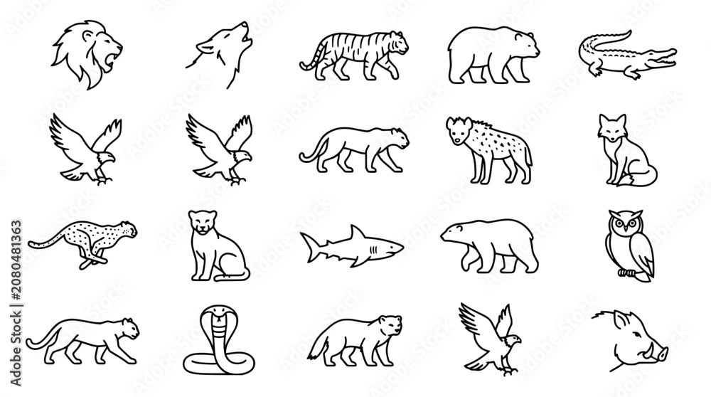 Fototapeta premium Diverse set of wild animal vector icons featuring various African creatures including lions crocodiles and snakes rendered in a clean minimalist line art style for web design on transparent background