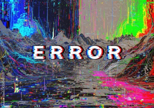 Glitch art background with digital noise and error text