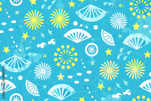 Foto Japanese Summer Motif Seamless Pattern With Fans Citrus And Fireworks