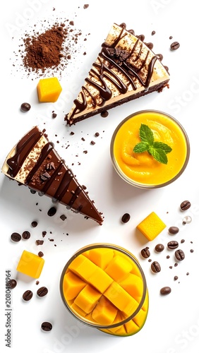 Delicious Chocolate Cake with Fresh Mango Smoothie and Fruits.