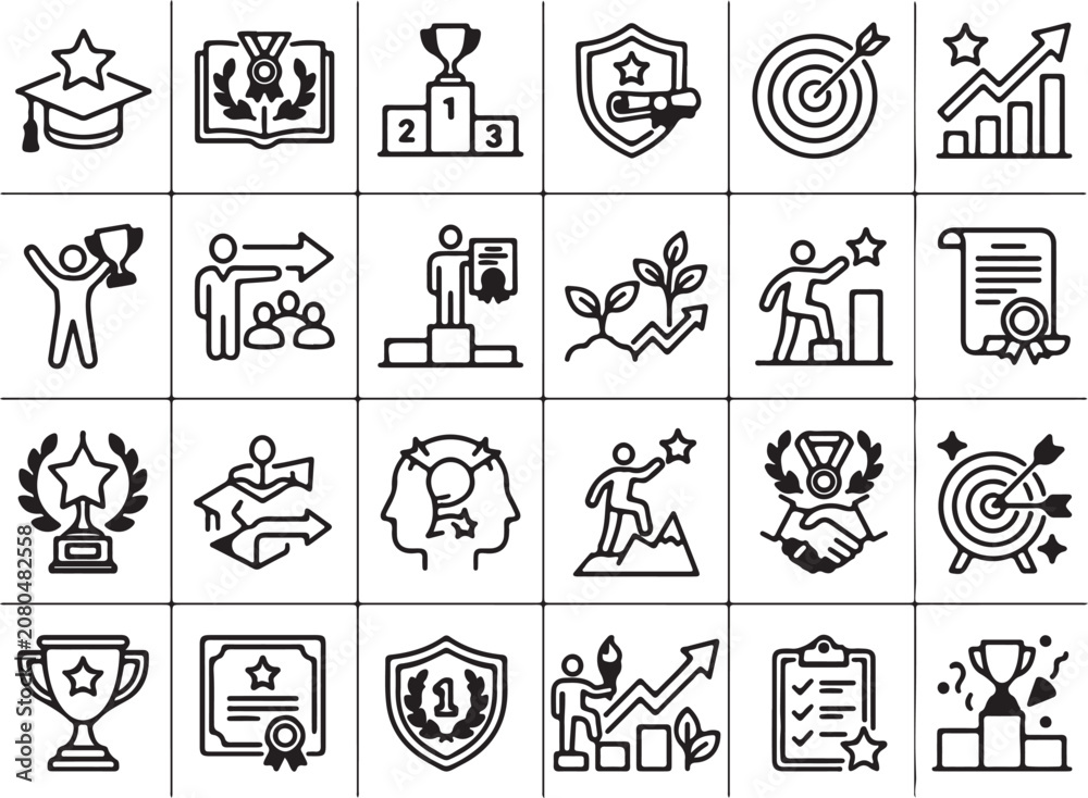 Fototapeta premium Collection of modern success and achievement vector line icons representing business growth, education, and recognition symbols