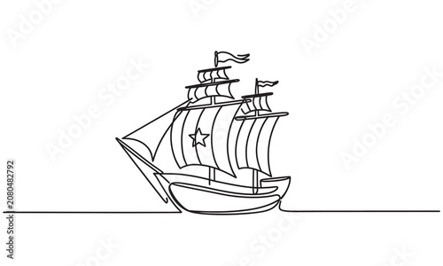 Foto Continuous single line of a classic wooden sailing ship with multiple masts and