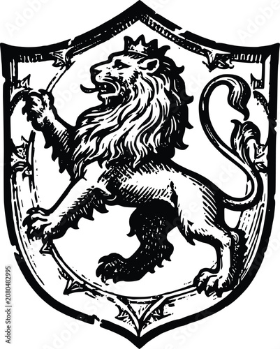 Vintage Heraldic Lion Crest Engraving Vector Illustration