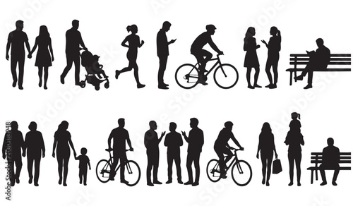 Cuadro en lienzo Black silhouette set of people activities in a public park with silhouette recre