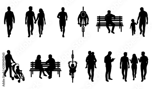 Konstfotografi Set of people silhouettes in daily park activities and urban scenarios with silh