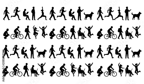 Quadro su tela Set of black silhouettes of people in various active poses including walking run