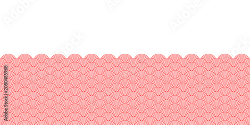 Japanese Seigaiha wave border pattern in red on white background with large copy space. Elegant traditional design for banners, invitations, packaging, and branding.