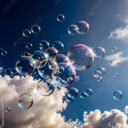 floating soap bubbles with blue sky and clouds