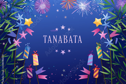 Canvastavla Tanabata Festival Floral Ornament With Fireworks Vector Illustration