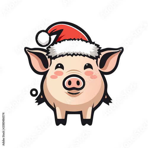 Cute cartoon pig wearing Santa hat