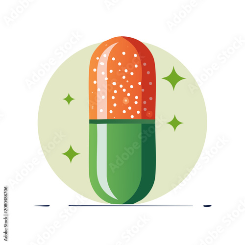 Flat illustration of a green and orange pill capsule