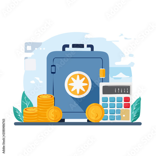 Flat vector illustration of a money safe with coins and calculator