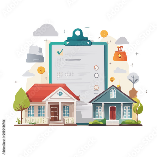 Flat vector illustration of houses and clipboard with checklist