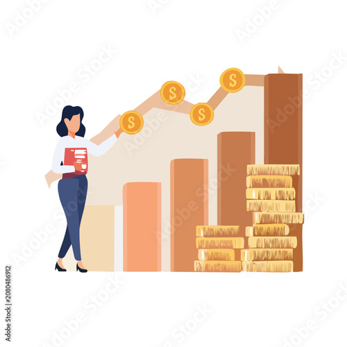 Woman pointing at business growth chart with coins and money stacks