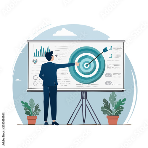 Businessman pointing at target on flipchart