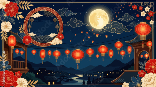 Chinese New Year Night Scene: A vibrant Chinese New Year celebration unfolds under a full moon, with illuminated lanterns, traditional architecture, and floral motifs creating a festive atmosphere.