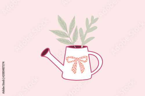 Vintage style watering can featuring soft pastel leaves and a pink ribbon