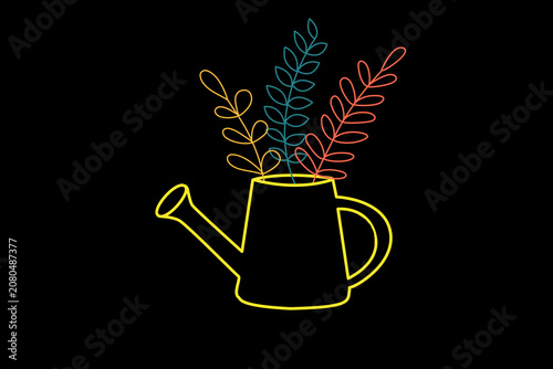 neon line art watering can with botanical leaves on black background