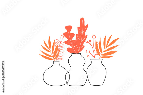 Modern minimalist botanical leaves in vase outline. Hand drawn illustration 