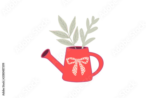 Vintage red  watering can featuring soft pastel leaves and a pink ribbon