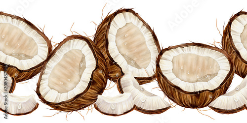Coconut seamless border drawn in watercolor style, repeating tropical design for textile, packaging, wrapping paper, wallpaper, stationery and summer decor.