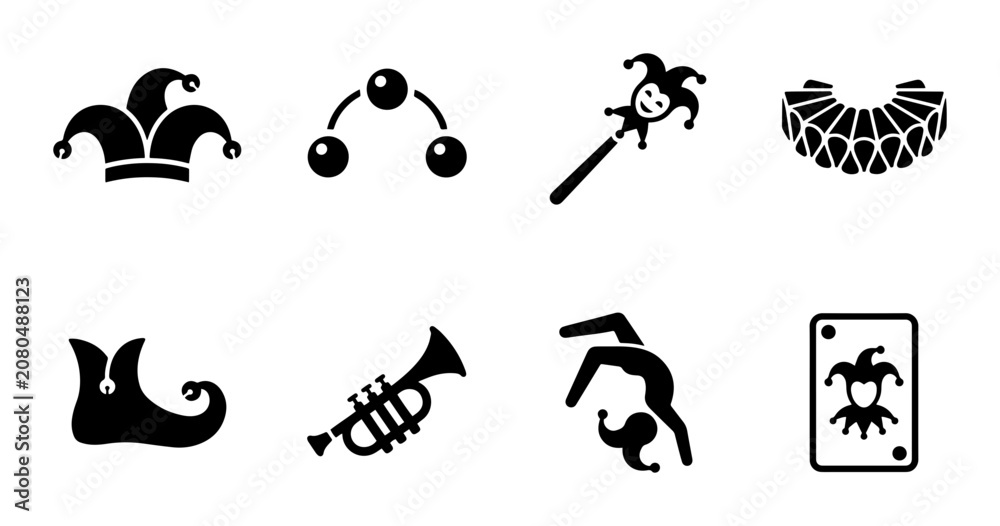 Fototapeta premium Jester and Joker Icon Set, black silhouette vector graphics, circus and carnival entertainment symbols