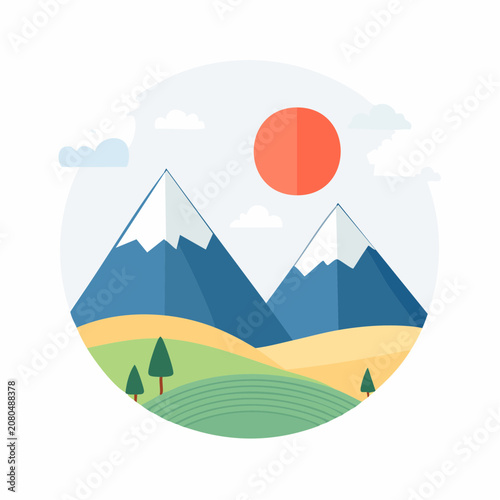 Flat Design Mountain Landscape with Sun and Clouds