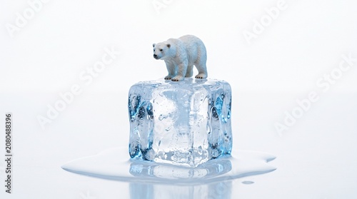 Small Polar Bear Figurine Standing on a Melting Ice Cube Representing Climate Change and Global Warming