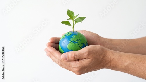 Nurturing the Planet Human hands gently cradle a miniature globe with a thriving seedling, symbolizing environmental care and a sustainable future