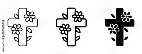 Bild auf Leinwand Floral Cross Outline and Solid Icons, a Set of Three Christian Symbols with Flow