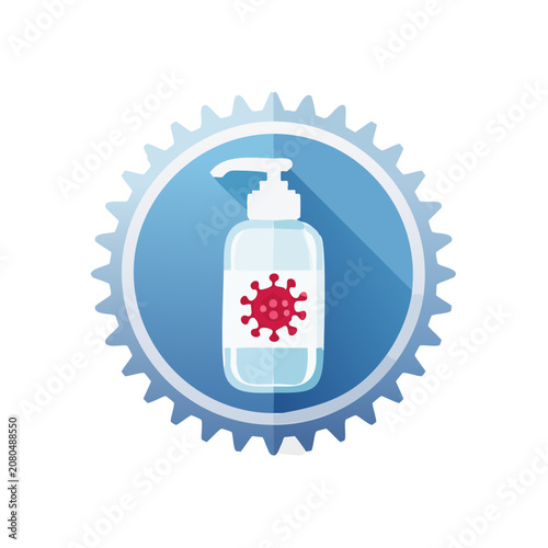 Hand Sanitizer Bottle with Virus Icon in Gear Shape