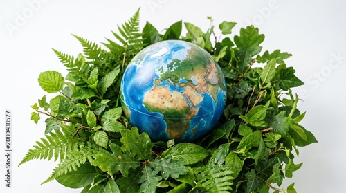 Globe Earth Model Resting Inside a Lush Bed of Vibrant Green Leaves and Ferns Representing Environmental Preservation