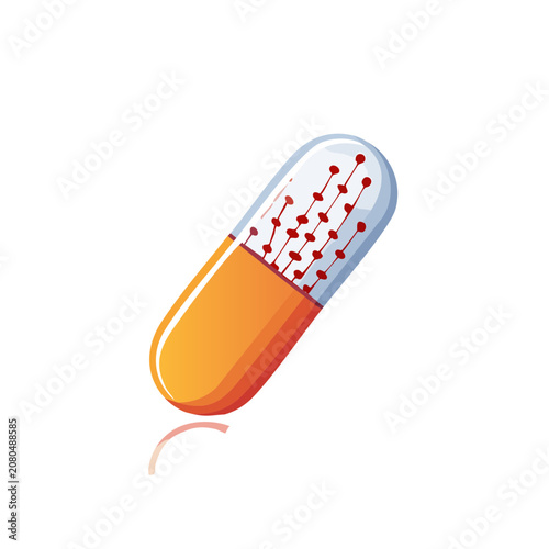 Orange and red capsule pill with medicine inside, vector illustration
