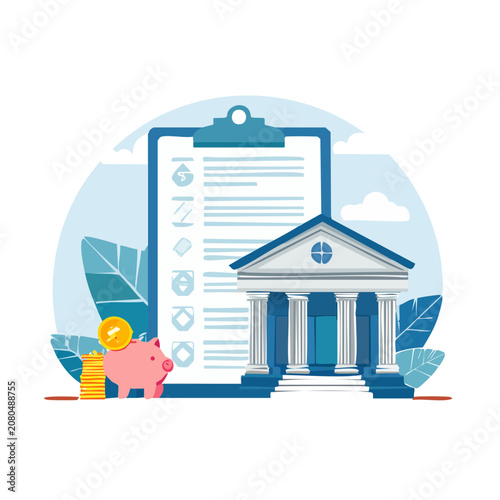 Bank building with piggy bank and clipboard illustration