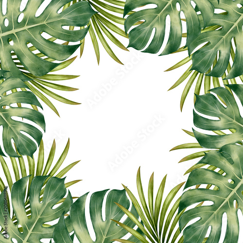 Tropical watercolor frame with monstera and palm leaves for wedding invitations, greeting cards, packaging, branding, stationery, banners, wallpaper and elegant summer design projects.