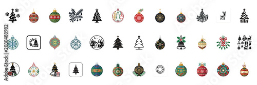 Christmas Ornaments and Trees Icon Set - Festive Holiday Vector Graphics