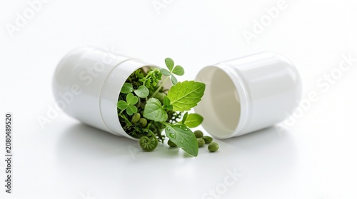 Herbal medicine capsule filled with fresh green leaves