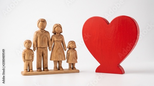 Wooden Figurines of a Happy Family Standing Next to a Large Red Heart Representing Love and Unity