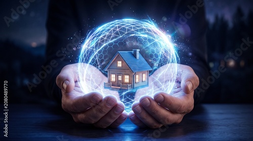Conceptual image of human hands holding a glowing digital sphere with a house inside representing home security and real estate technology