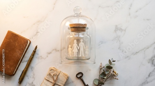 Preserved Family Memories Symbolized by a Miniature Family Silhouette Inside a Glass Cloche on Marble
