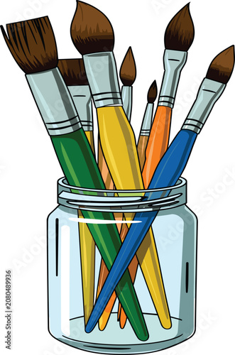 Colorful paint brushes in a glass jar, artist tools for creative painting and art projects.