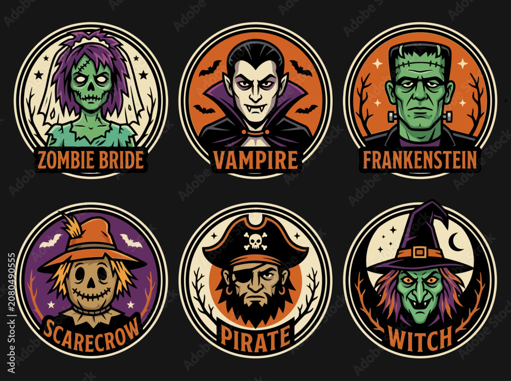 Fototapeta premium Set of 6 Vintage Halloween Monster Character Badges Featuring Zombie Bride, Vampire, Frankenstein, Scarecrow, Pirate, and Witch