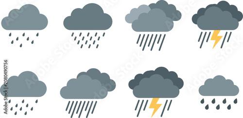 Flat Rainy and Stormy Weather Cloud Icon Set Vector