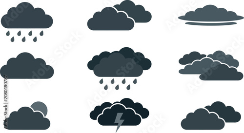 Flat Weather Cloud Icon Set with Rain and Thunderstorm Vector