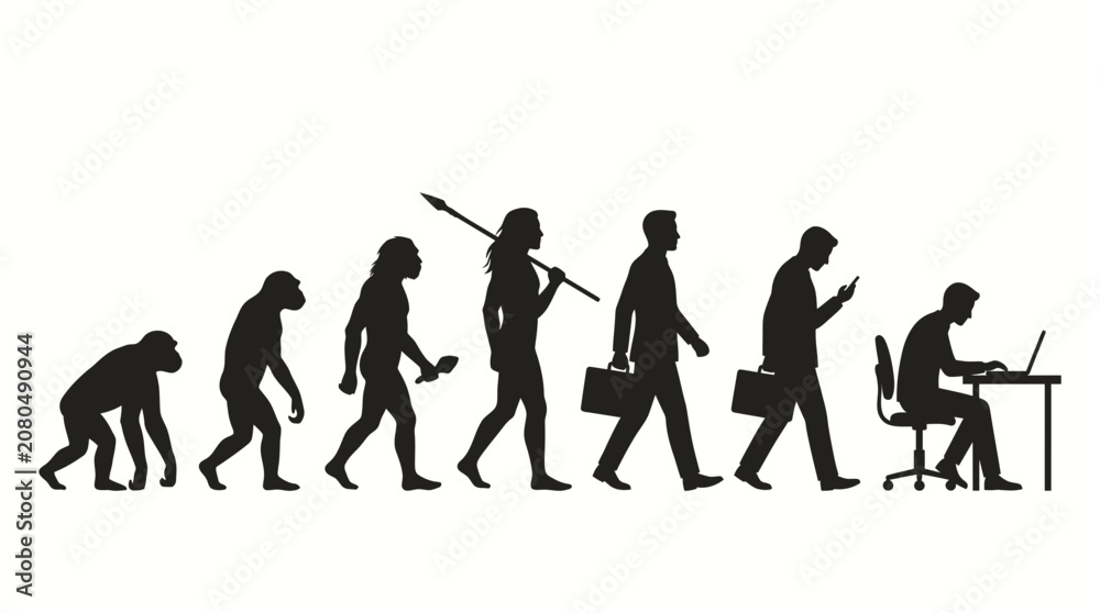 Obraz premium Evolution of Man from Primitive Ancestors to Modern Day Corporate Office Worker Silhouette Sequence