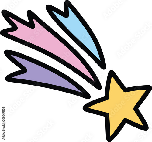 Cute shooting star with colorful trails, whimsical hand drawn cosmic element for joyful design projects.