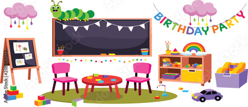 Colorful classroom setup for kids birthday party, featuring play area, chalk board, and educational toys.